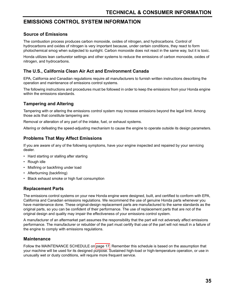 Emissions control system information | HONDA FG110 User Manual | Page 37 / 48