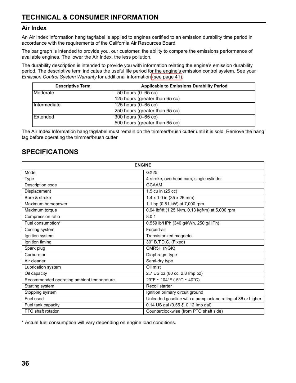 Specifications, 36 technical & consumer information | HONDA FG110 User Manual | Page 38 / 48
