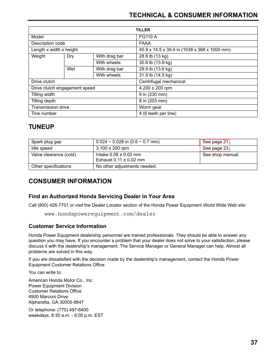 Tuneup, Consumer information, Find a dealer | Customer service information | HONDA FG110 User Manual | Page 39 / 48