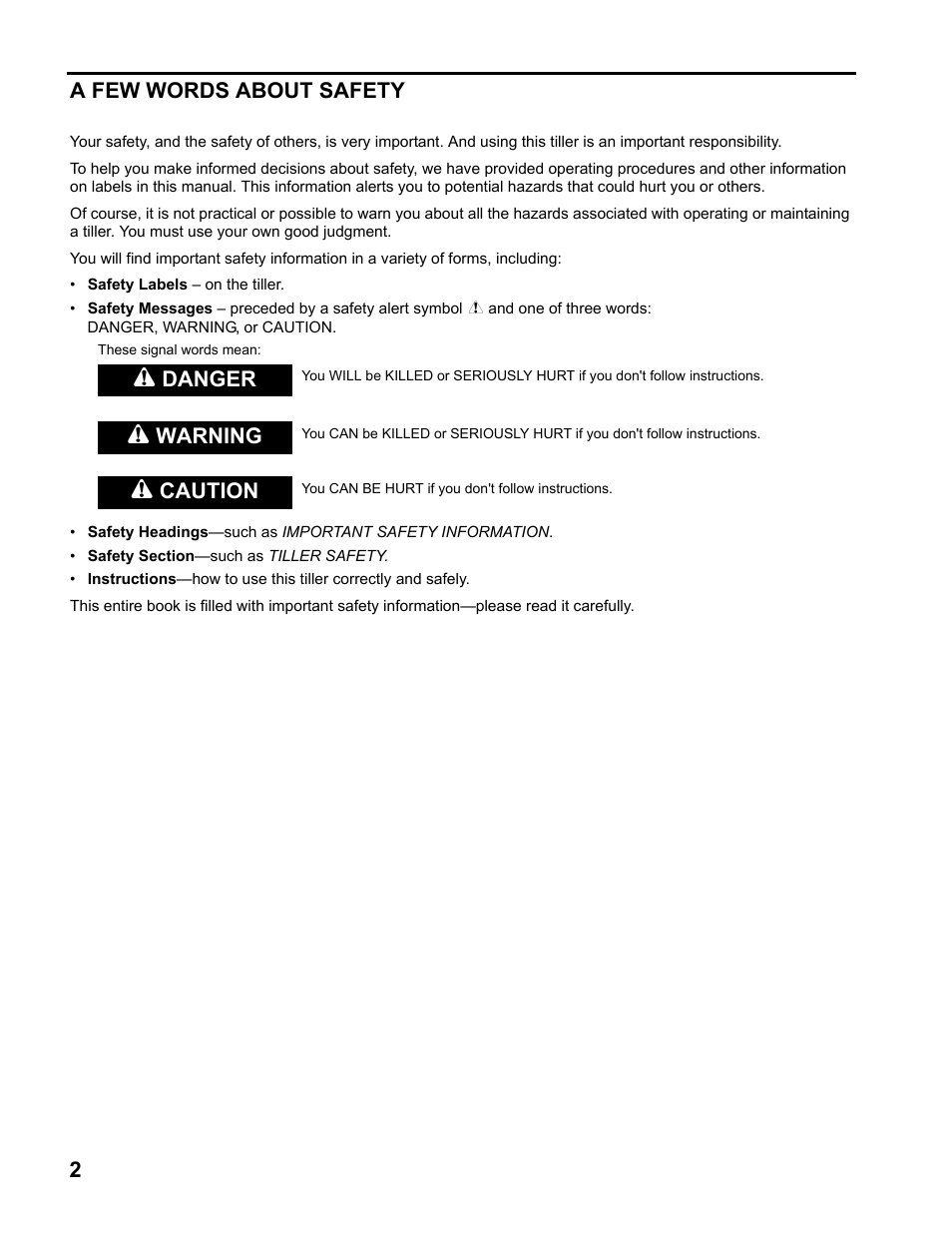 A few words about safety, 2a few words about safety, Danger | Warning, Caution | HONDA FG110 User Manual | Page 4 / 48