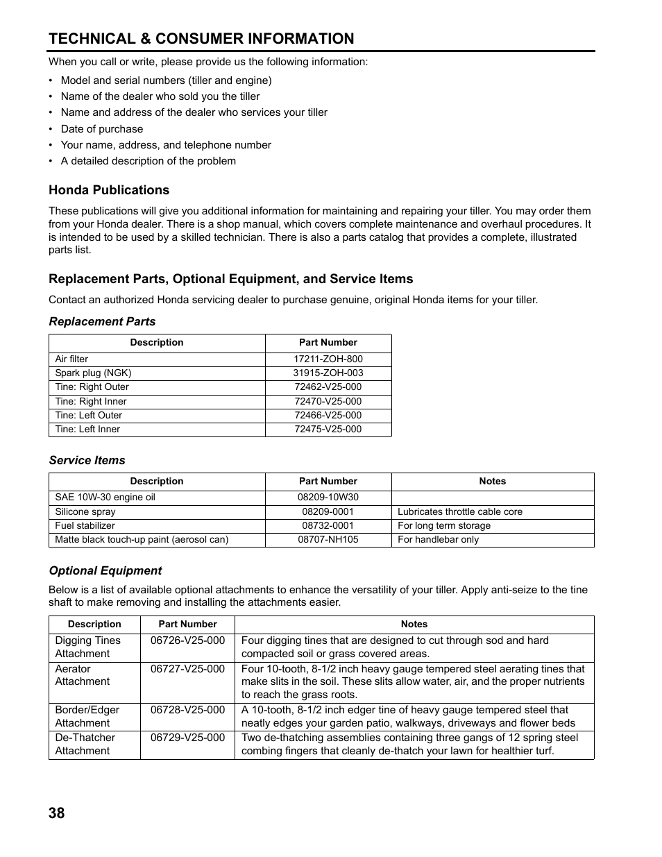 Honda publications, 38 technical & consumer information | HONDA FG110 User Manual | Page 40 / 48