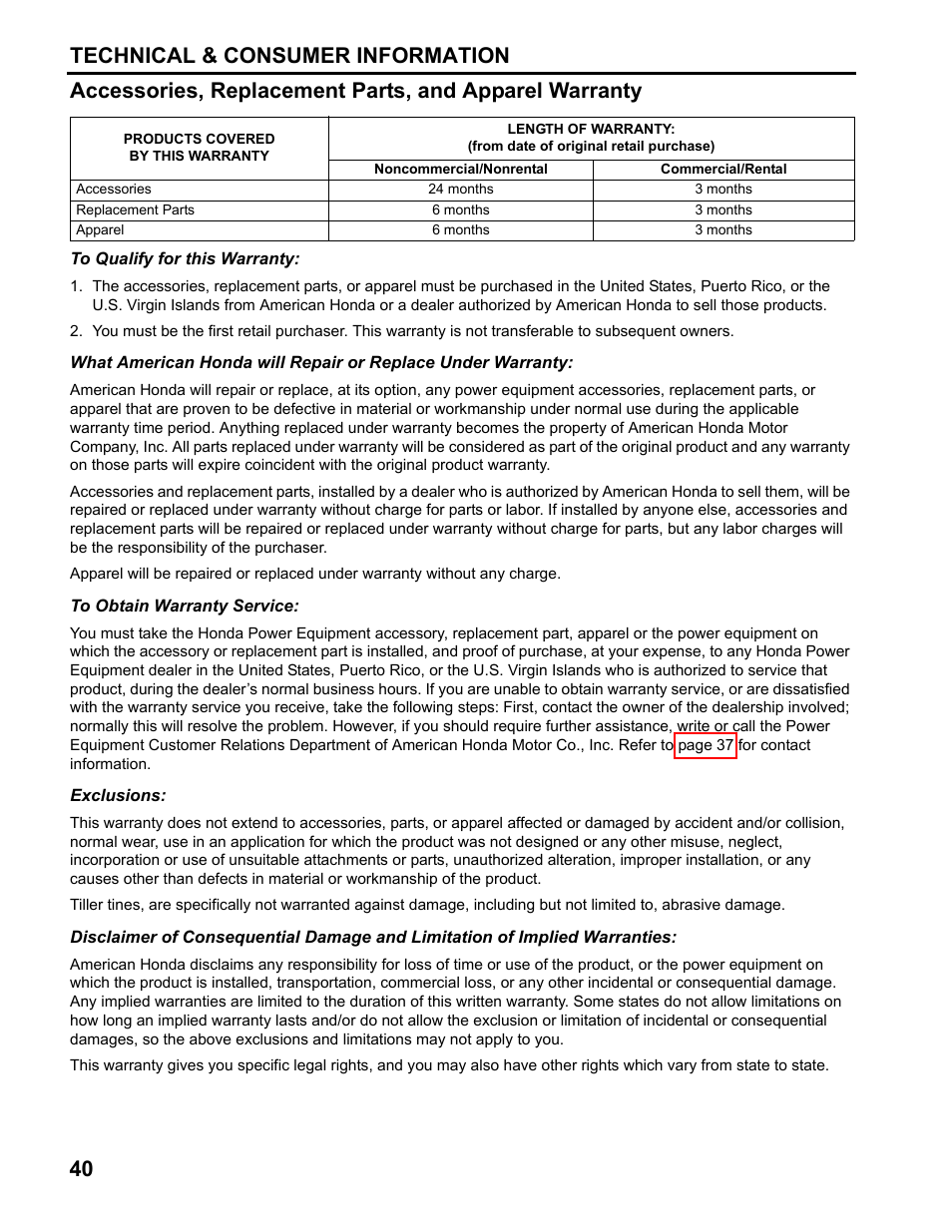 Accessory, replacement parts, and apparel warranty | HONDA FG110 User Manual | Page 42 / 48