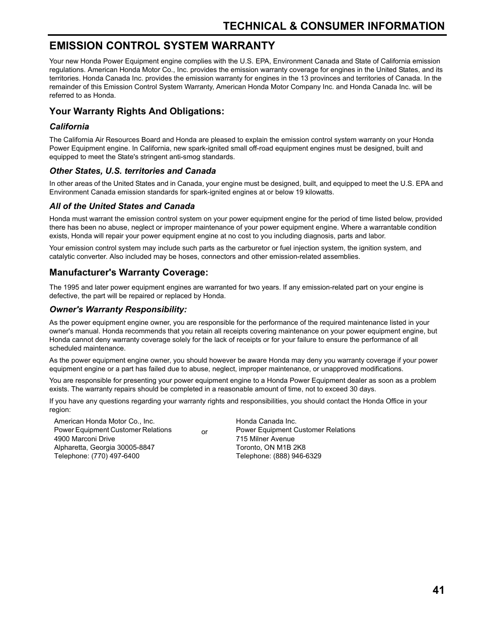 Emission control system warranty | HONDA FG110 User Manual | Page 43 / 48