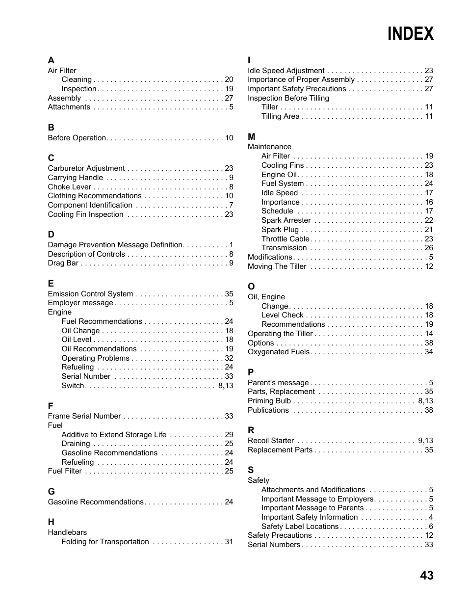 Index | HONDA FG110 User Manual | Page 45 / 48