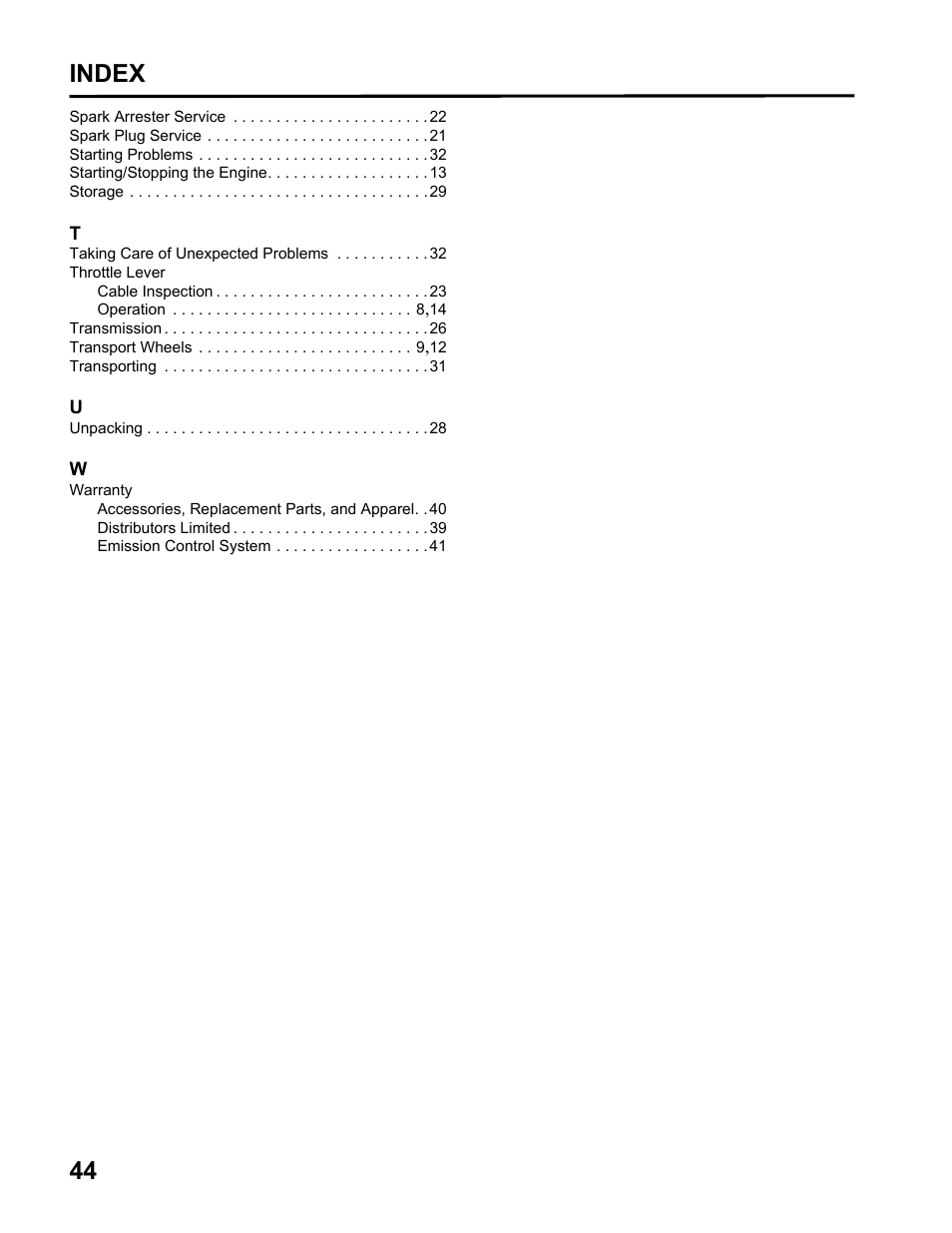 44 index | HONDA FG110 User Manual | Page 46 / 48