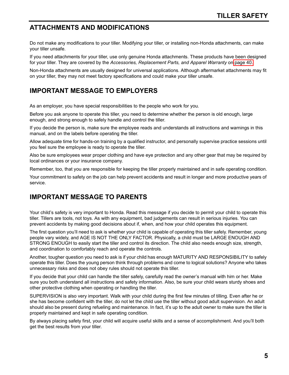 Attachments and modifications, Important message to employers, Important message to parents | Tiller safety 5 attachments and modifications | HONDA FG110 User Manual | Page 7 / 48