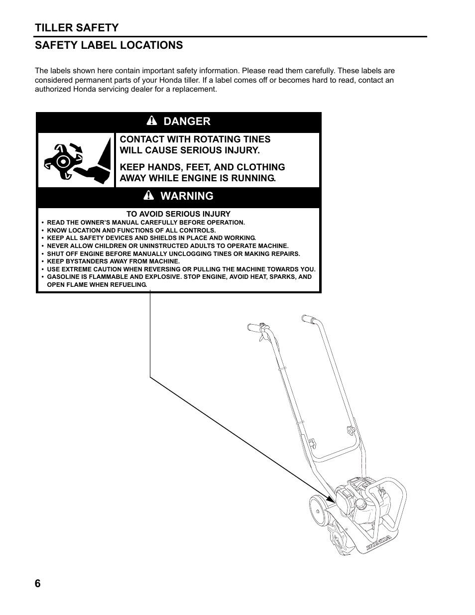 Safety label locations, 6tiller safety safety label locations, Danger | Warning | HONDA FG110 User Manual | Page 8 / 48