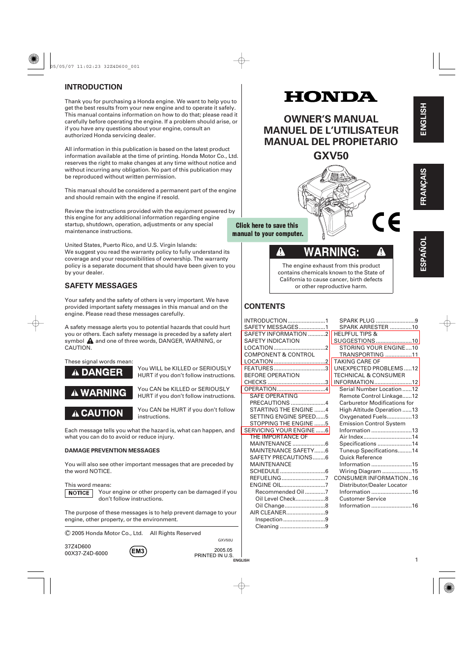 HONDA GXV50 User Manual | 48 pages