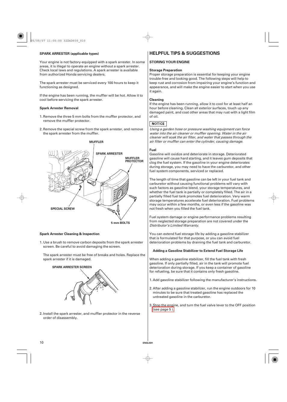 Spark arrester (applicable types), Removal, Cleaning & inspection | Helpful tips & suggestions, Storing your engine, Storage preparation, Cleaning, Fuel, Helpful tips, Suggestions | HONDA GXV50 User Manual | Page 10 / 48