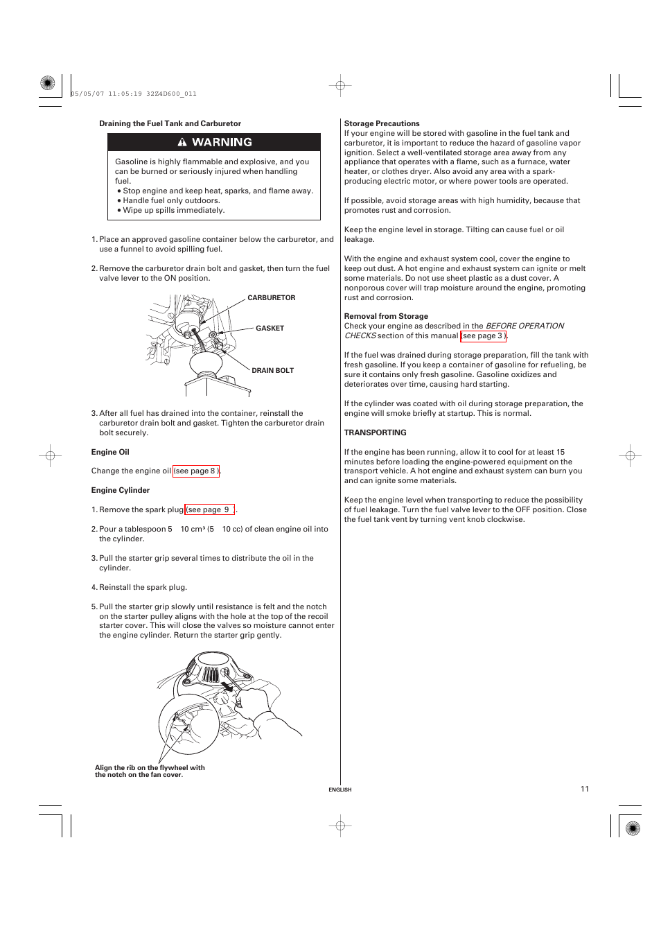 Engine oil, Engine cylinder, Storage precautions | Removal from storage, Transporting | HONDA GXV50 User Manual | Page 11 / 48