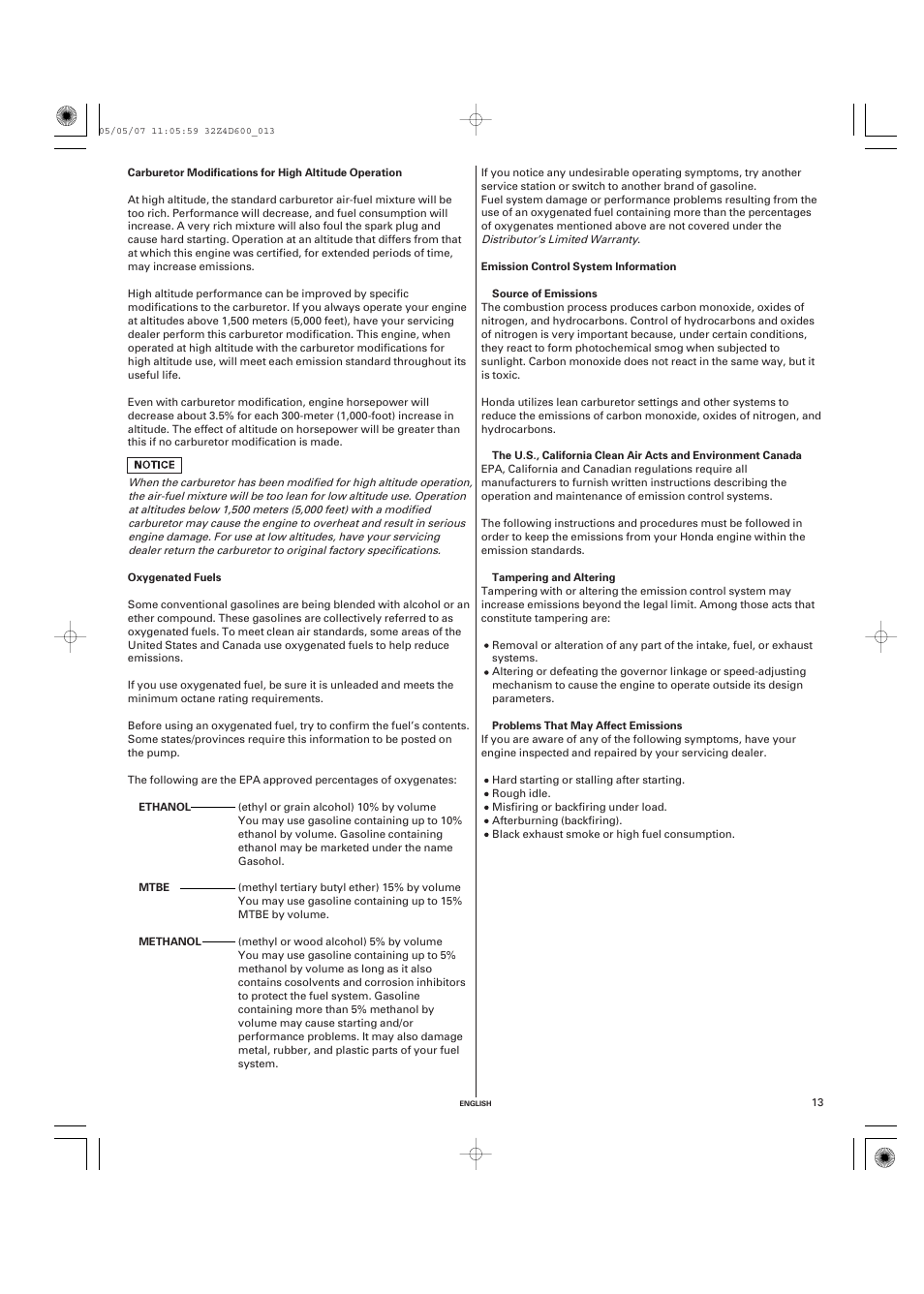 Oxygenated fuels, Emission control system information | HONDA GXV50 User Manual | Page 13 / 48