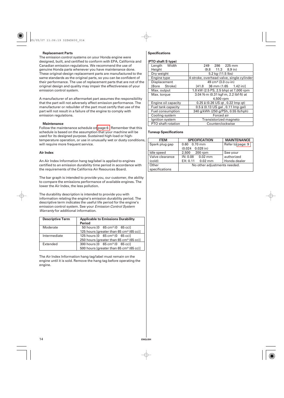 Air index, Specifications, Tuneup specifications | HONDA GXV50 User Manual | Page 14 / 48