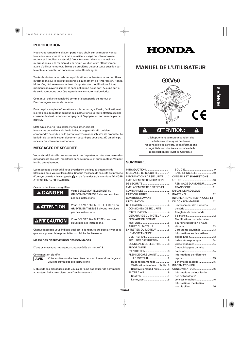 Français, Gxv50, Manuel de l’utilisateur | Fr anç a is | HONDA GXV50 User Manual | Page 17 / 48