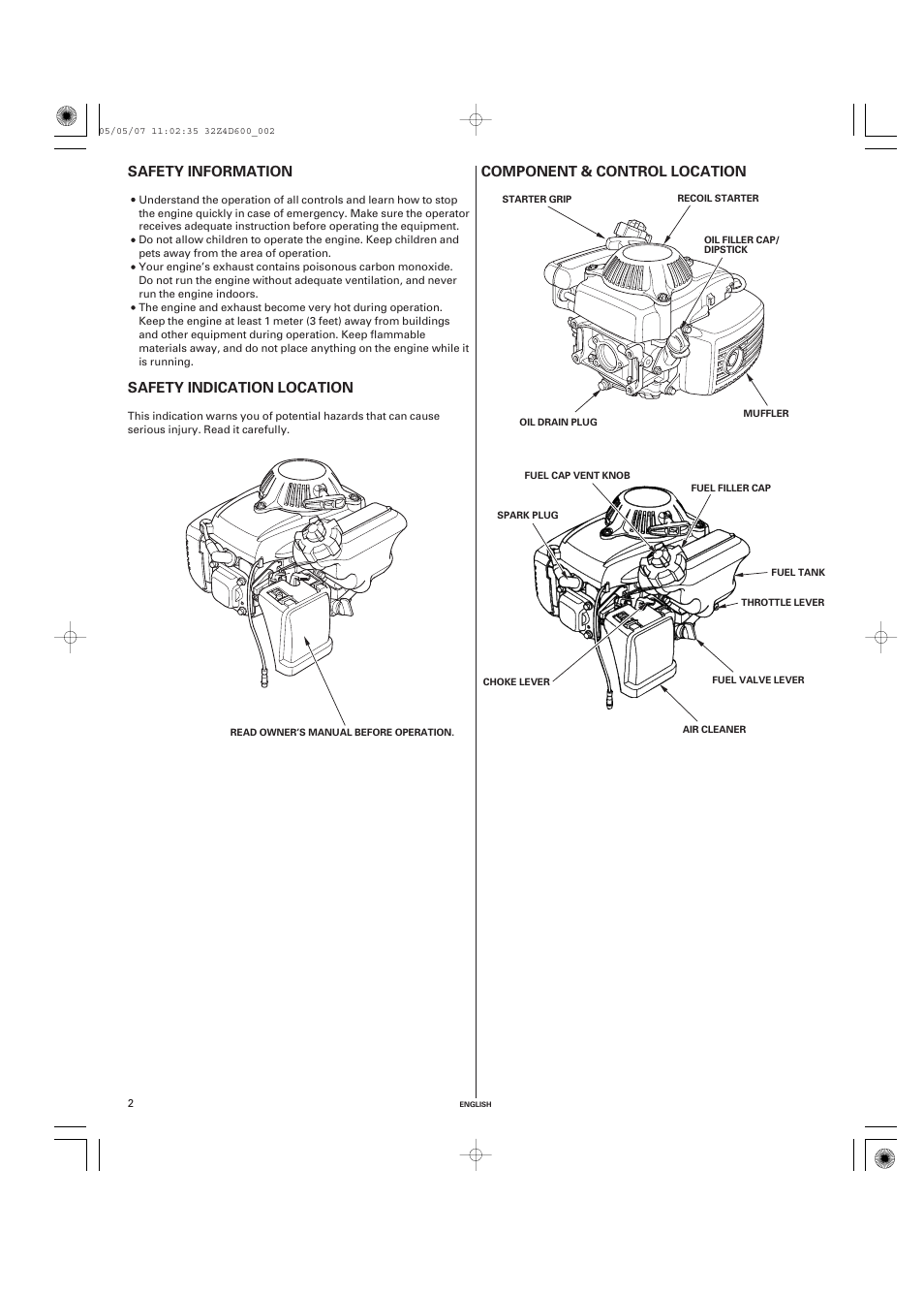 Safety information, Safety indication location, Component & control location | Safety indication, Location, Component & control | HONDA GXV50 User Manual | Page 2 / 48