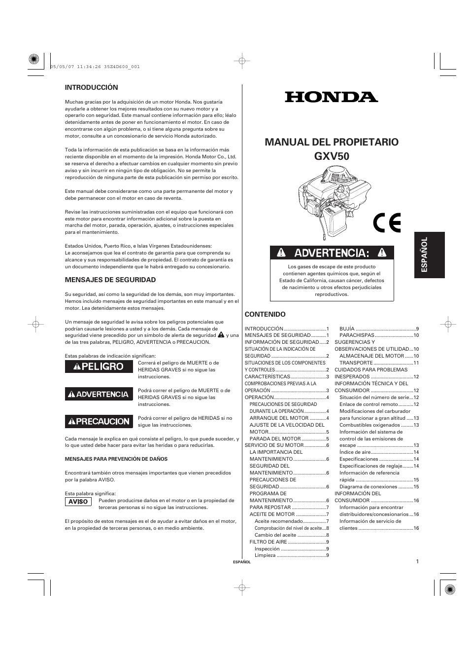 Español, Gxv50, Manual del propietario | HONDA GXV50 User Manual | Page 33 / 48