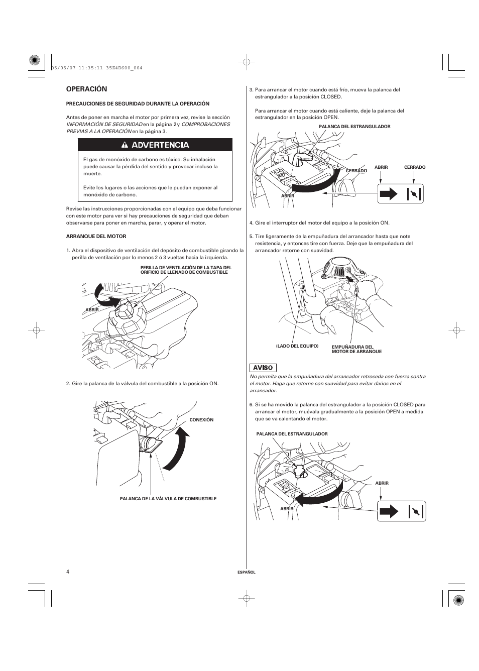 Operación | HONDA GXV50 User Manual | Page 36 / 48