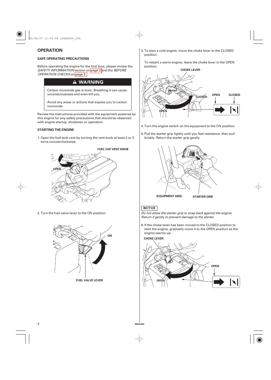 Operation, Safe operating precautions, Starting the engine | HONDA GXV50 User Manual | Page 4 / 48