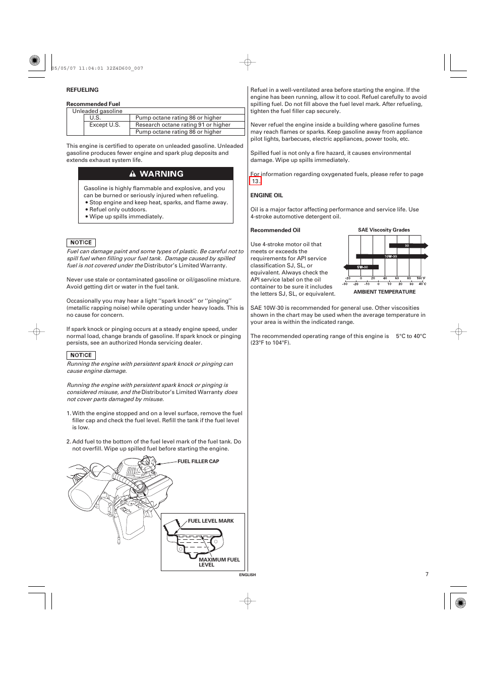 Refueling, Recommended fuel, Engine oil | Recommended oil | HONDA GXV50 User Manual | Page 7 / 48