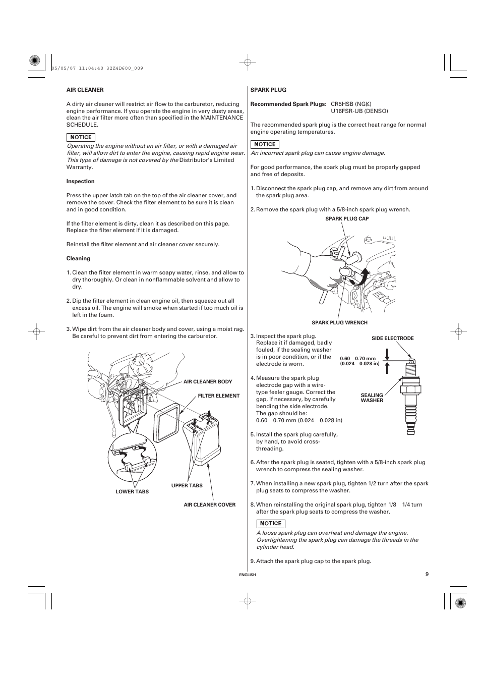 Air cleaner, Inspection, Cleaning | Spark plug, Recommended spark plugs | HONDA GXV50 User Manual | Page 9 / 48