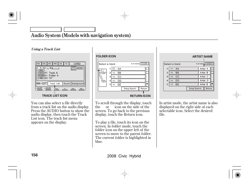 Audio system (models with navigation system) | HONDA 2008 Civic Hybrid User Manual | Page 159 / 300