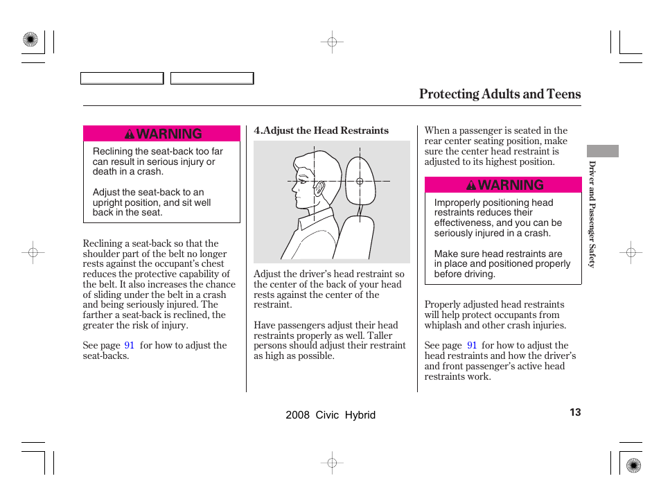 Protecting adults and teens | HONDA 2008 Civic Hybrid User Manual | Page 16 / 300