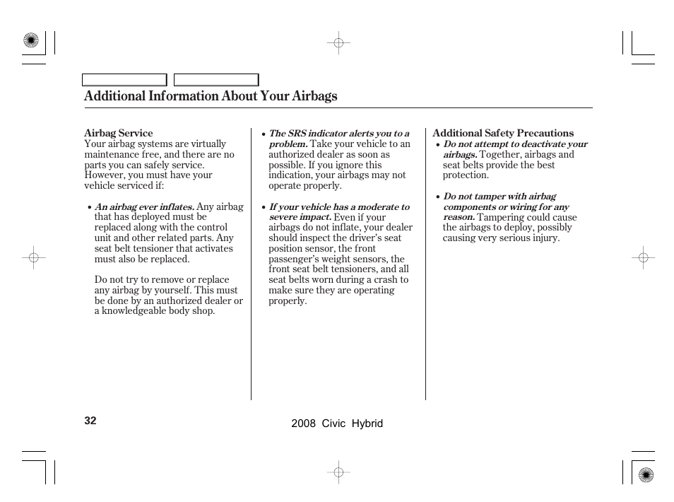 Additional information about your airbags | HONDA 2008 Civic Hybrid User Manual | Page 35 / 300