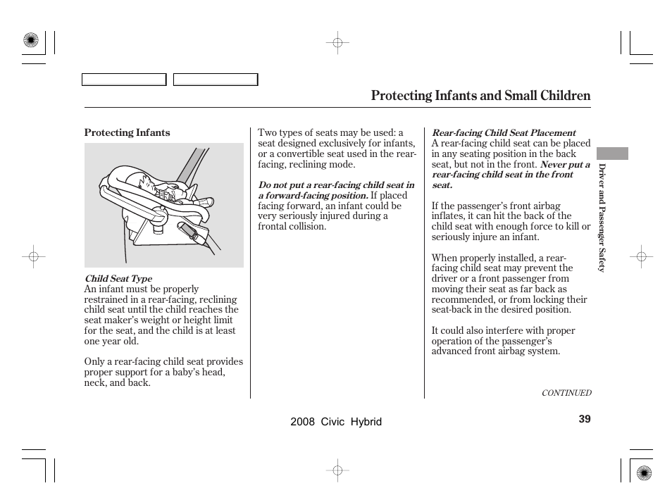 Protecting infants and small children | HONDA 2008 Civic Hybrid User Manual | Page 42 / 300