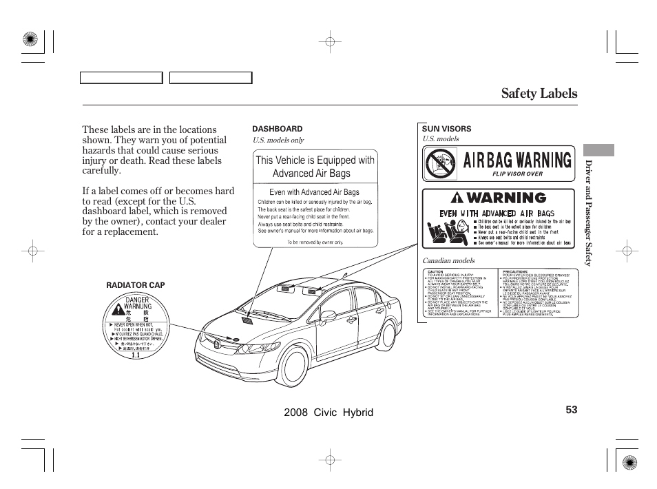 Safety labels | HONDA 2008 Civic Hybrid User Manual | Page 56 / 300