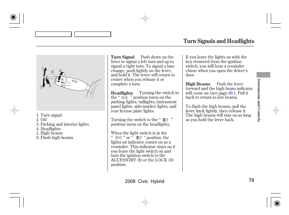 Turn signals and headlights | HONDA 2008 Civic Hybrid User Manual | Page 76 / 300