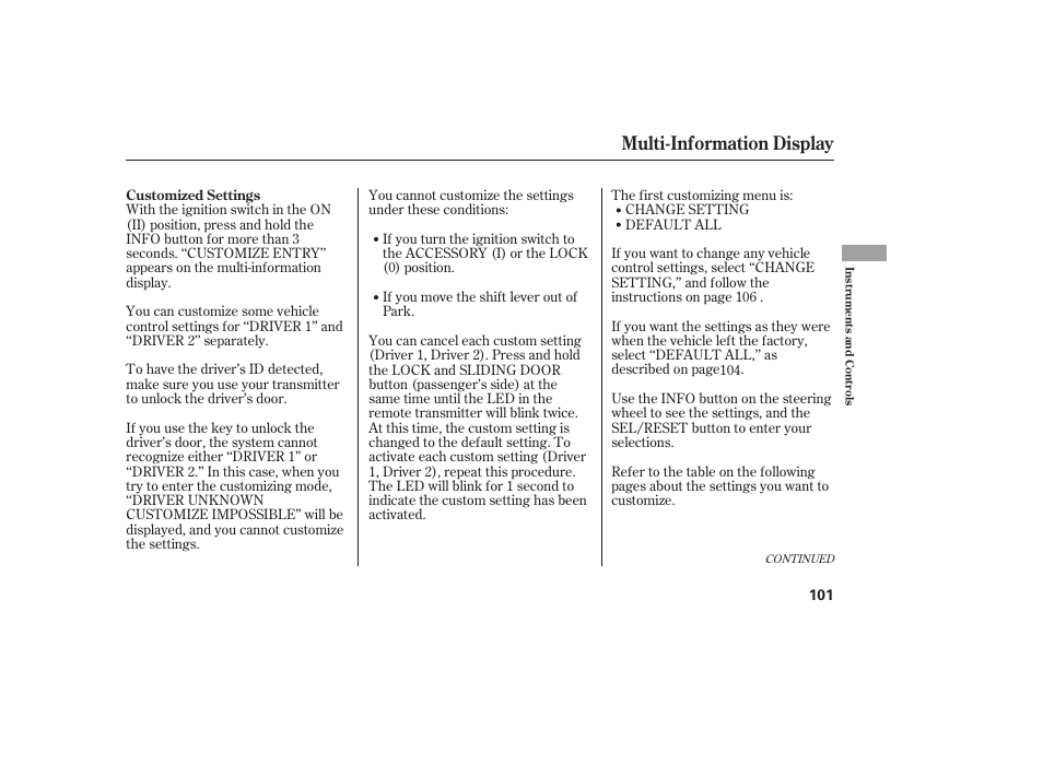 Multi-information display | HONDA 2008 Odyssey User Manual | Page 107 / 526