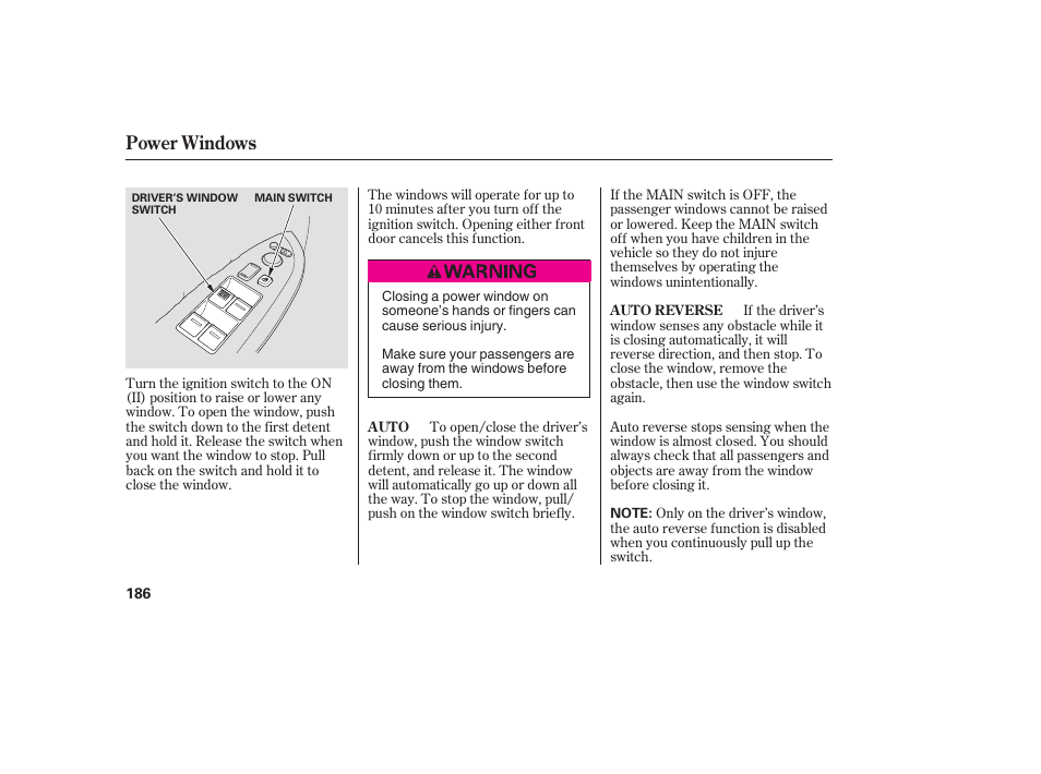 Power windows | HONDA 2008 Odyssey User Manual | Page 192 / 526