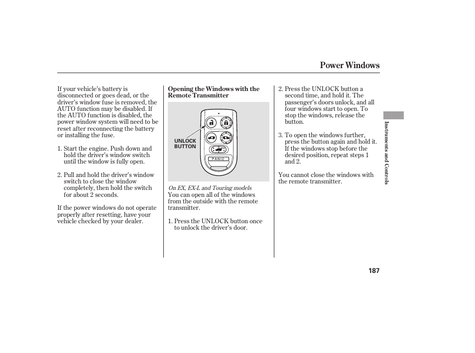 Power windows | HONDA 2008 Odyssey User Manual | Page 193 / 526