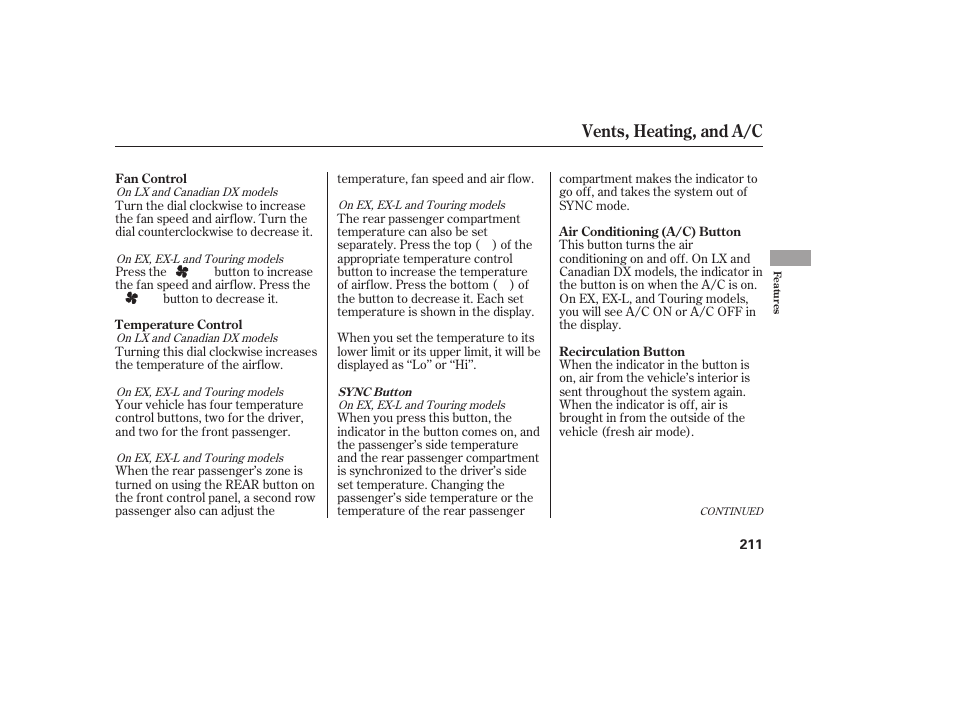 Vents, heating, and a/c | HONDA 2008 Odyssey User Manual | Page 217 / 526