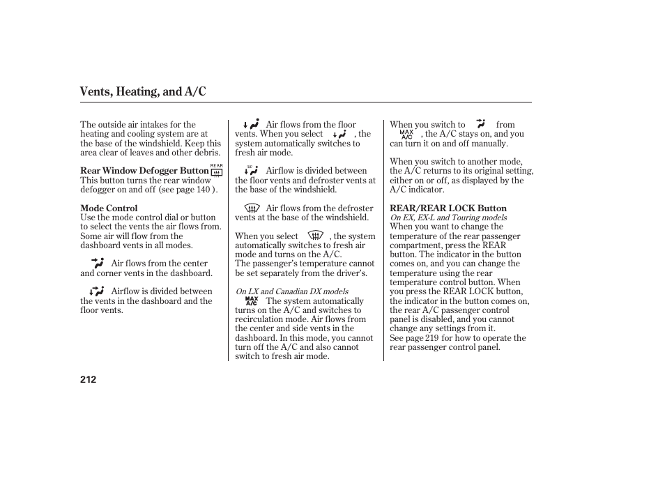 Vents, heating, and a/c | HONDA 2008 Odyssey User Manual | Page 218 / 526