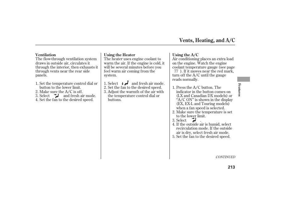 Vents, heating, and a/c | HONDA 2008 Odyssey User Manual | Page 219 / 526