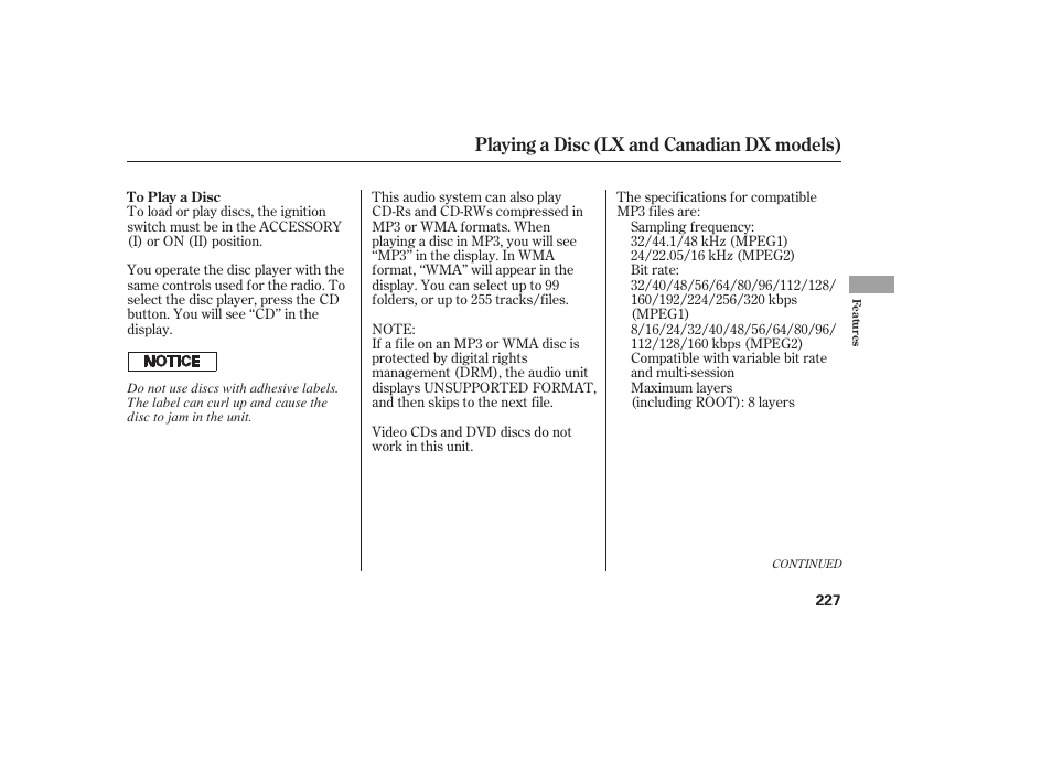 Playing a disc (lx and canadian dx models) | HONDA 2008 Odyssey User Manual | Page 233 / 526