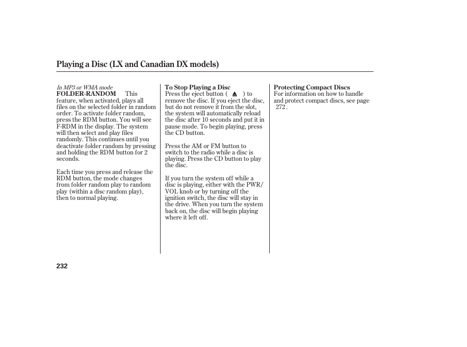 Playing a disc (lx and canadian dx models) | HONDA 2008 Odyssey User Manual | Page 238 / 526