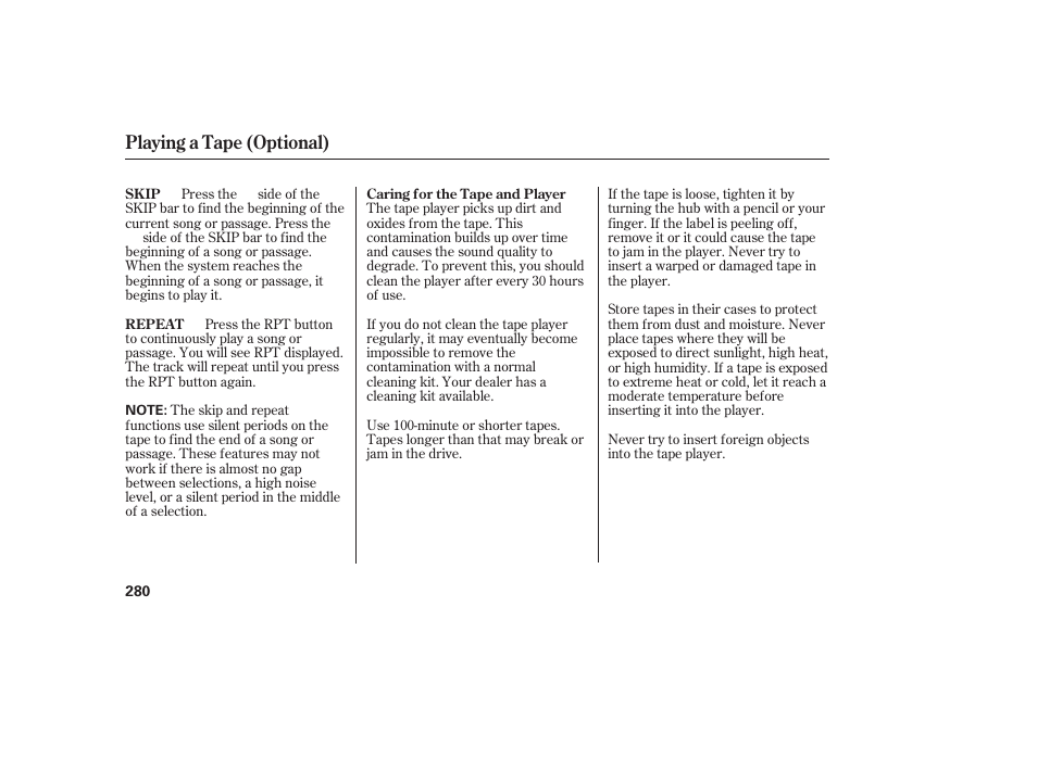 Playing a tape (optional) | HONDA 2008 Odyssey User Manual | Page 286 / 526