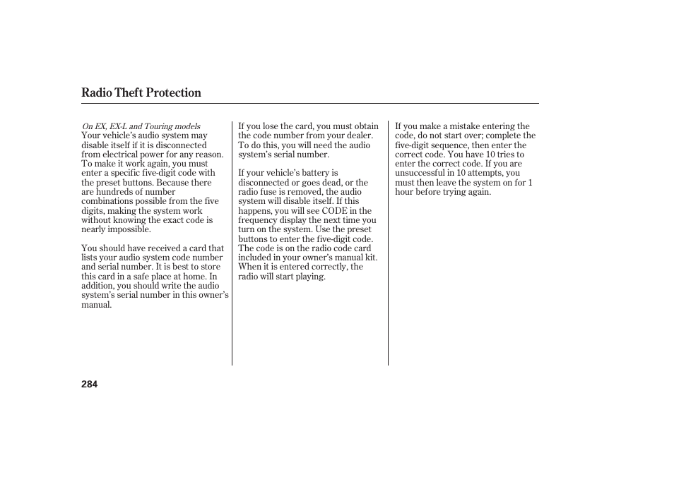 Radio theft protection | HONDA 2008 Odyssey User Manual | Page 290 / 526