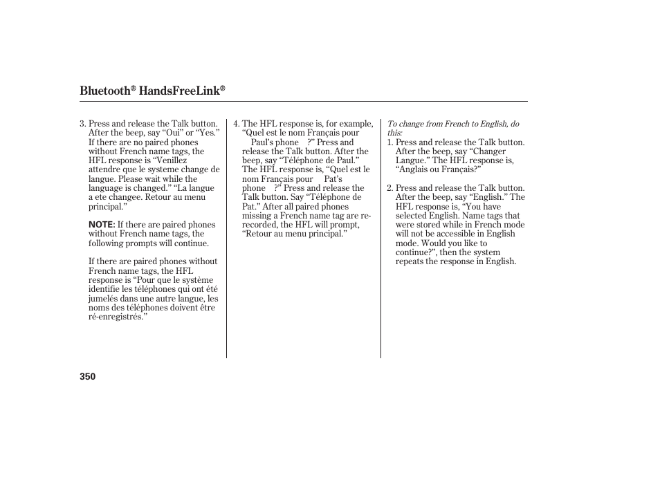 Bluetooth handsfreelink | HONDA 2008 Odyssey User Manual | Page 356 / 526