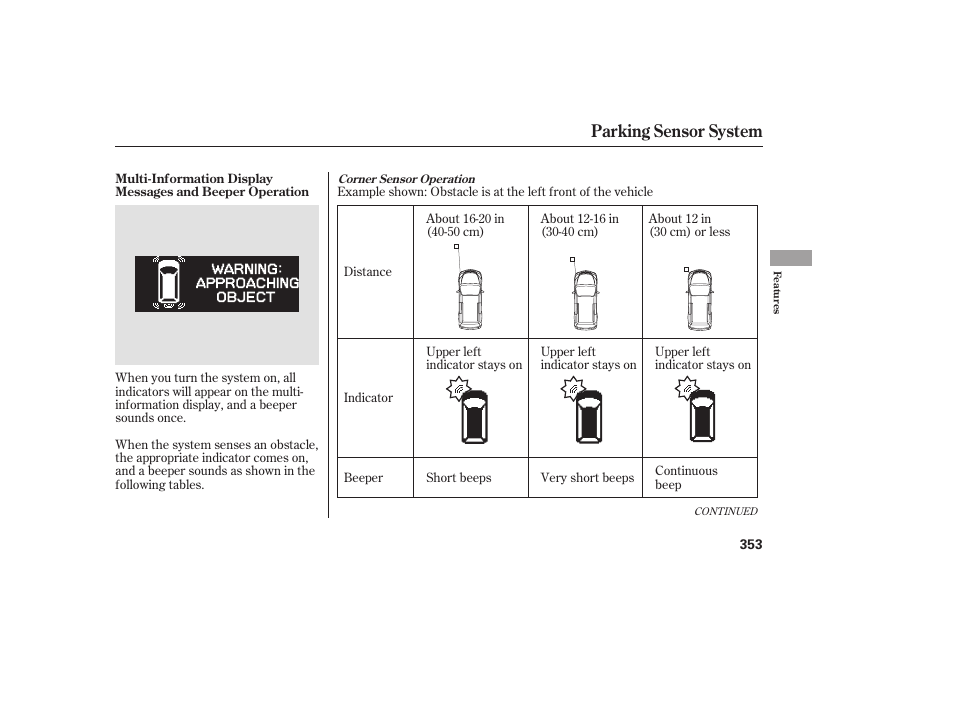 Parking sensor system | HONDA 2008 Odyssey User Manual | Page 359 / 526