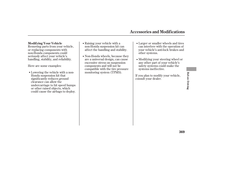 Accessories and modifications | HONDA 2008 Odyssey User Manual | Page 375 / 526