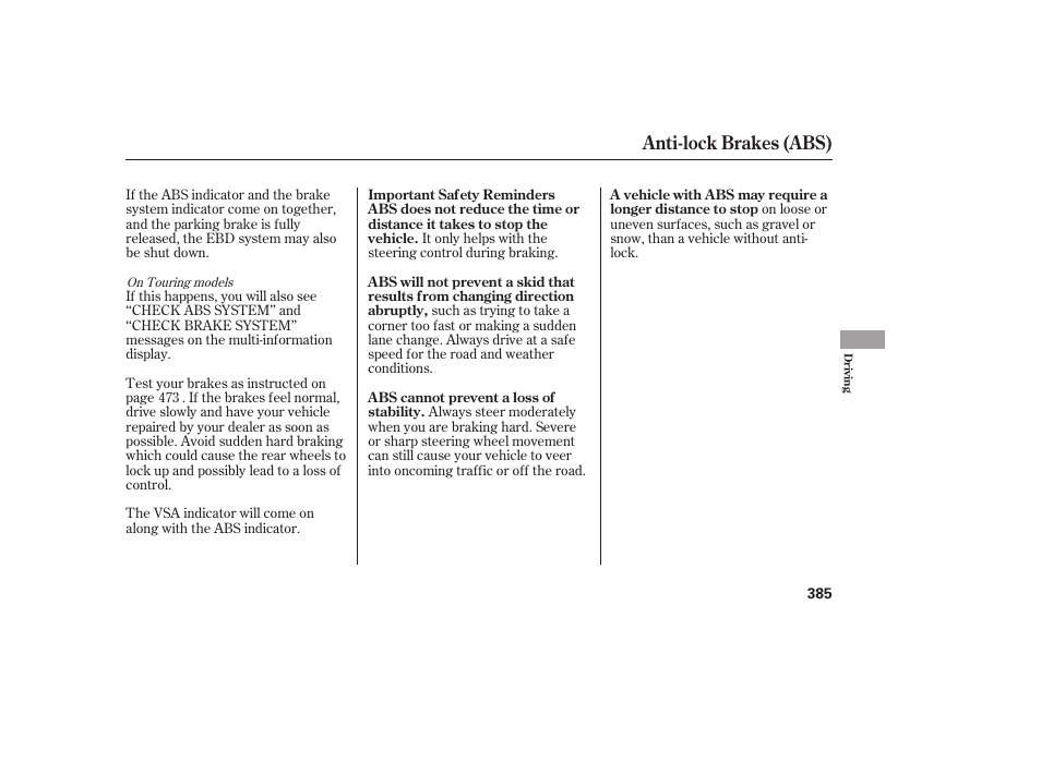 Anti-lock brakes (abs) | HONDA 2008 Odyssey User Manual | Page 391 / 526