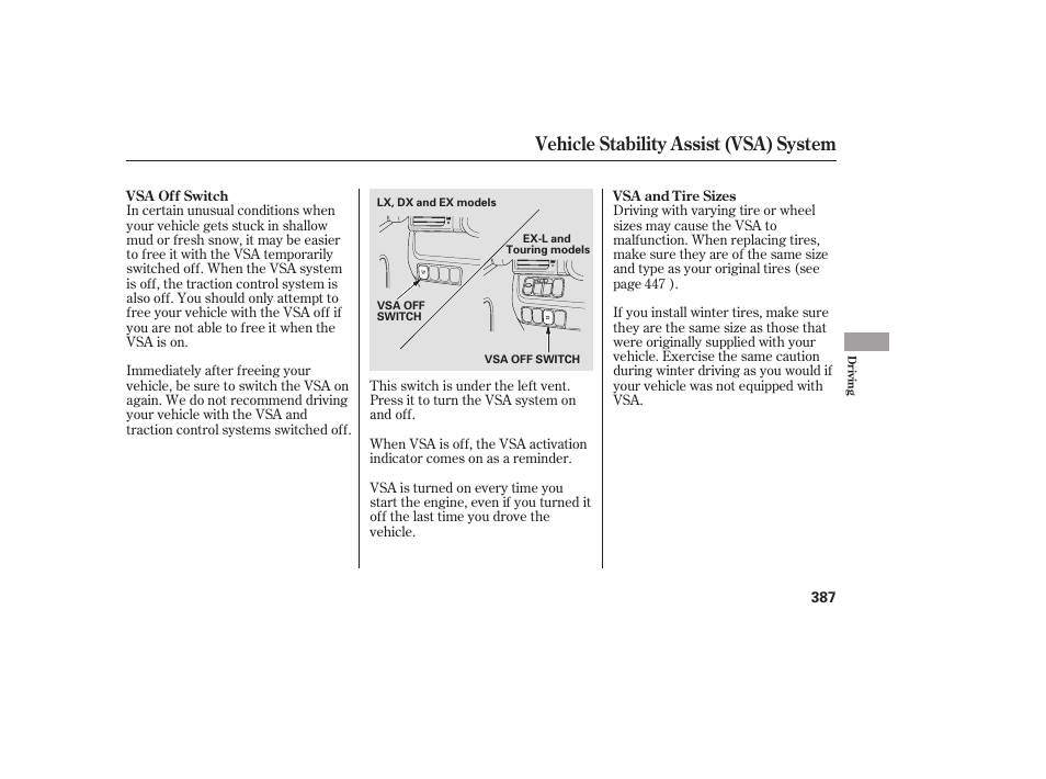 Vehicle stability assist (vsa) system | HONDA 2008 Odyssey User Manual | Page 393 / 526