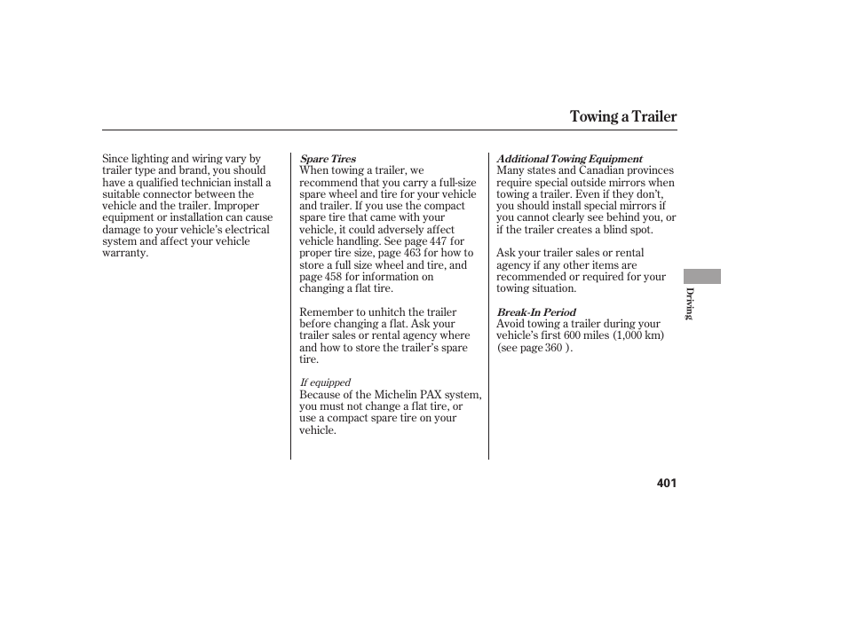 Towing a trailer | HONDA 2008 Odyssey User Manual | Page 407 / 526