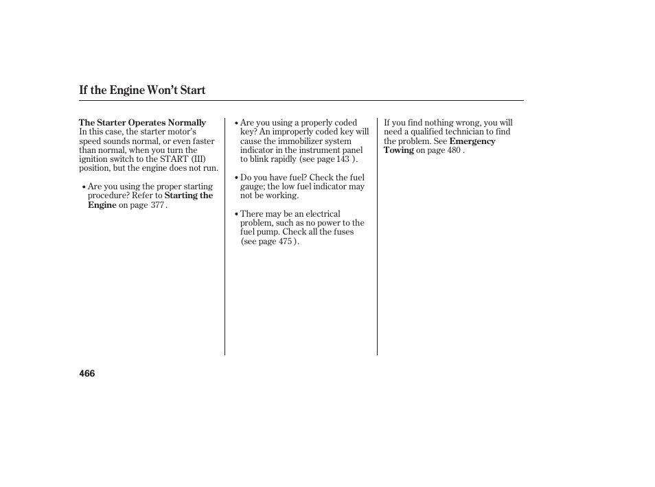 If the engine won’t start | HONDA 2008 Odyssey User Manual | Page 472 / 526