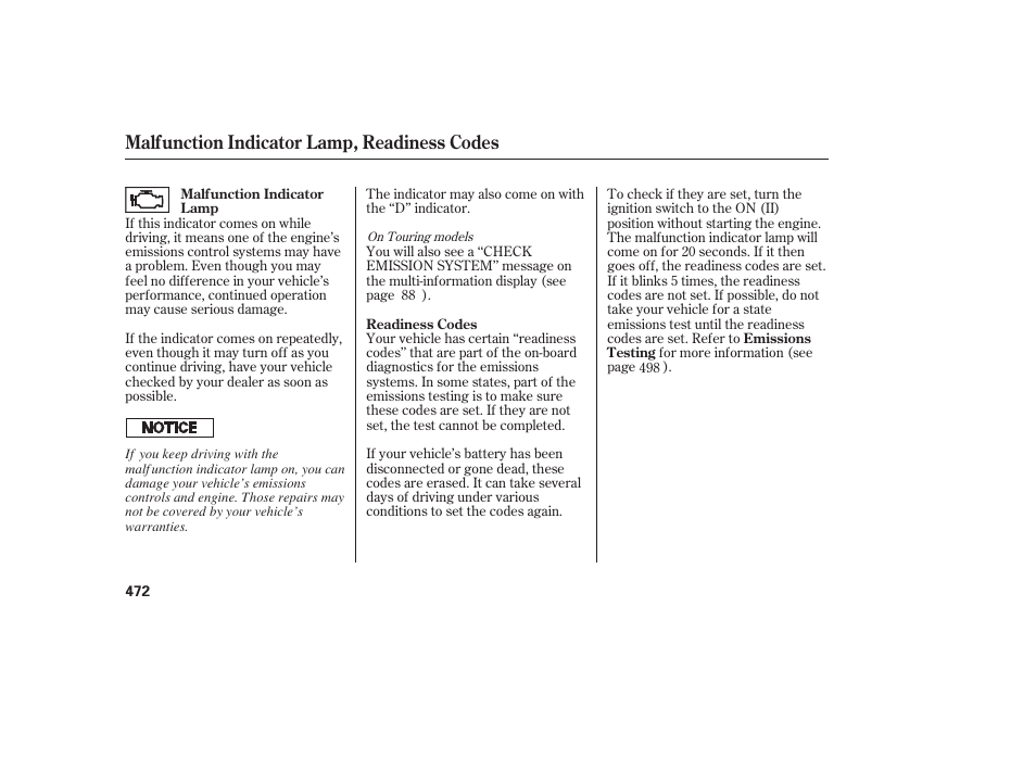 Malfunction indicator lamp, readiness codes | HONDA 2008 Odyssey User Manual | Page 478 / 526