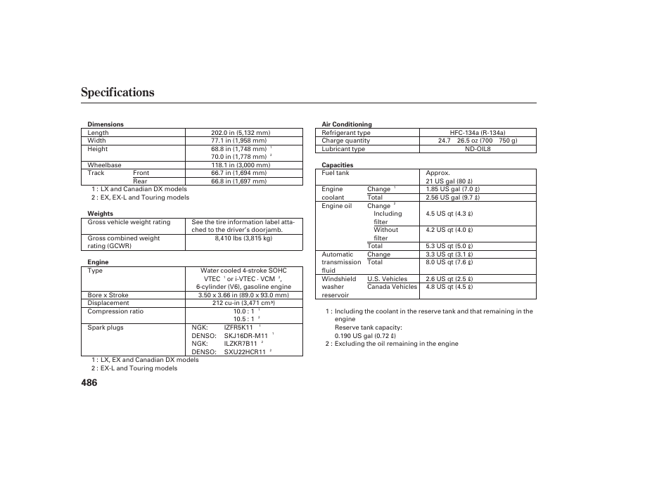 Specifications | HONDA 2008 Odyssey User Manual | Page 492 / 526