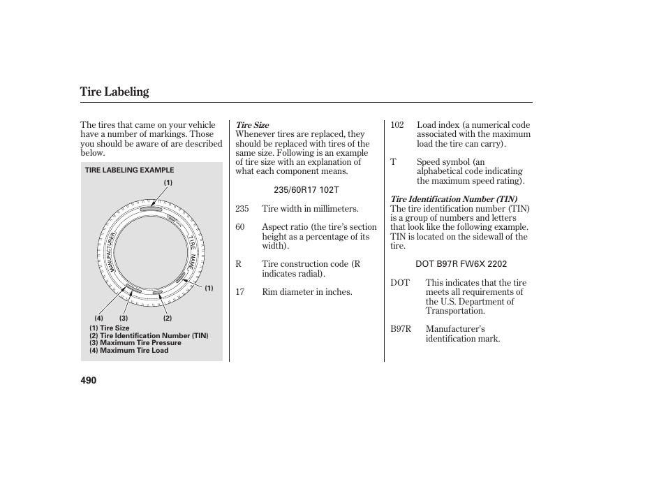 Tire labeling | HONDA 2008 Odyssey User Manual | Page 496 / 526