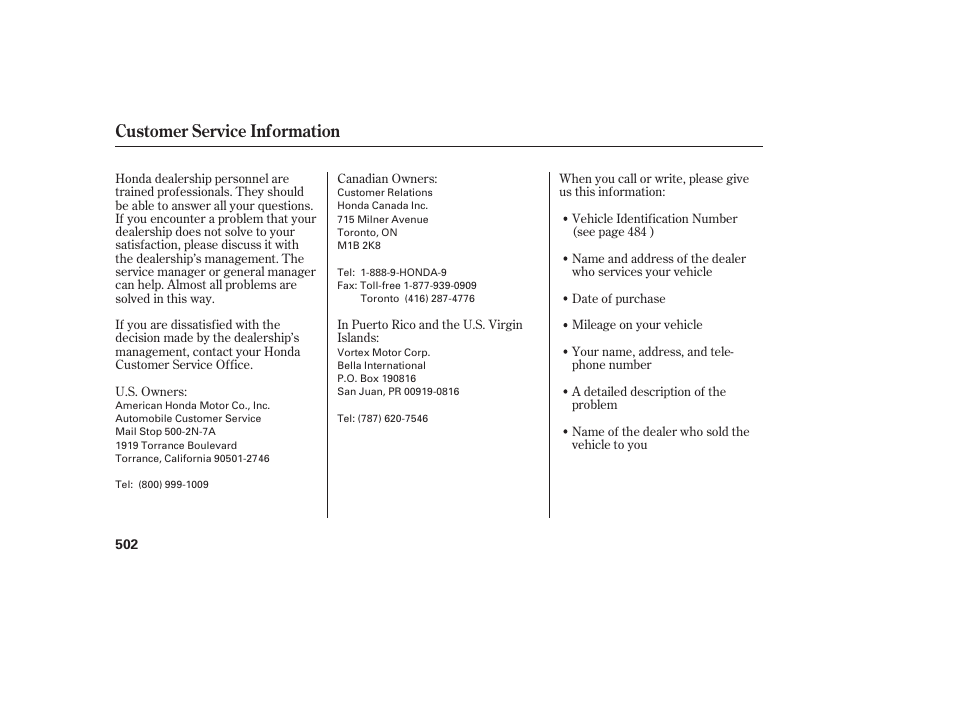 Customer service information | HONDA 2008 Odyssey User Manual | Page 508 / 526